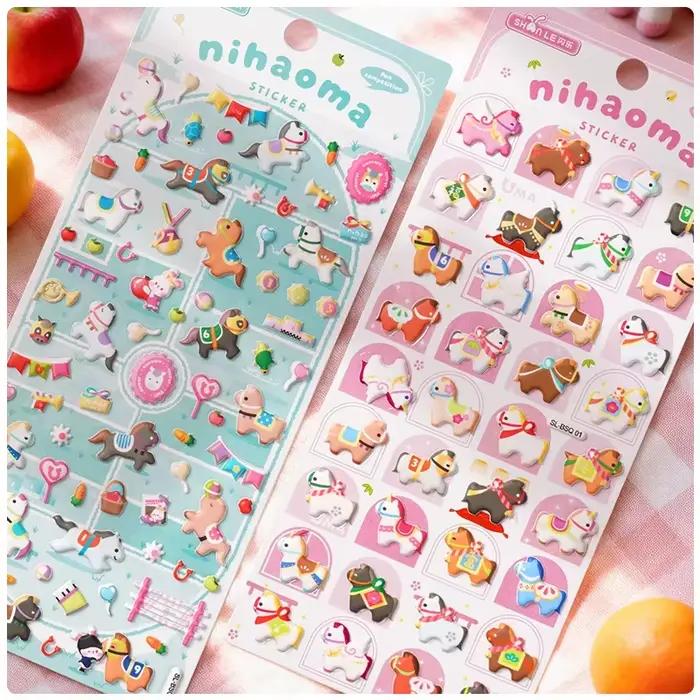 Autocollants 3D en relief Kawaii de petit cheval de dessin animé pour scrapbooking, journal créatif, papeterie mignonne, autocollant pour carnet, fournitures scolaires, cadeau
