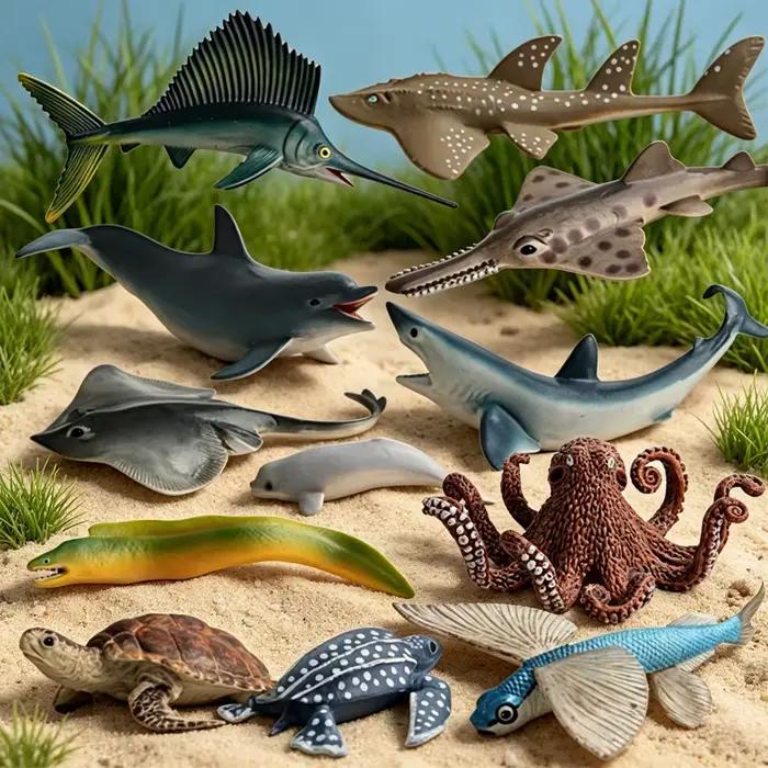 Figurines réalistes d'animaux marins, orca, calmar, requins, dauphin, tortue, poisson-plongeur, pieuvre, figurines miniatures, jouets éducatifs, cadeau pour enfants