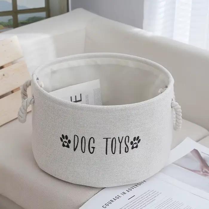 Grand panier de rangement pour jouets de chien en tissu simili lin - Organisateur rond spacieux pour jouets et accessoires pour animaux de compagnie avec poignées