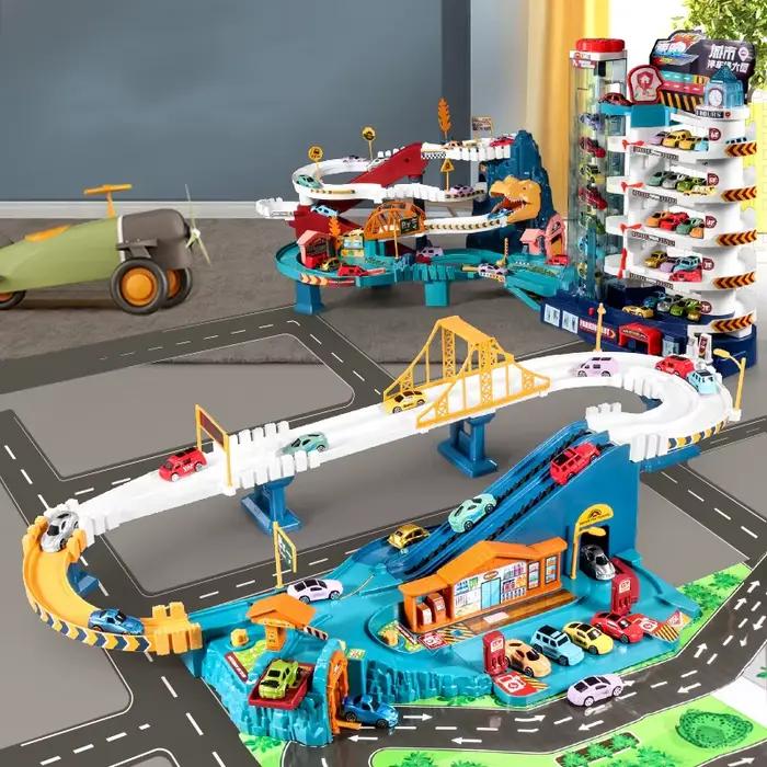 Voiture sur Rail électrique dinosaure bâtiment Parking aventure course voiture sur Rail jouets enfants cerveau mécanique interactif voitures sur Rail