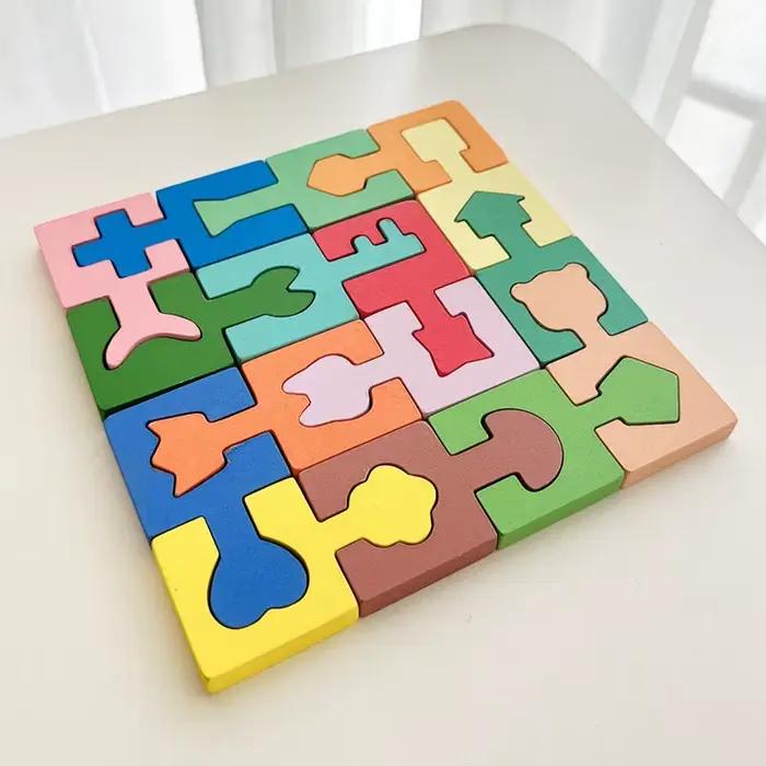16 pièces de puzzles en bois colorés pour enfants