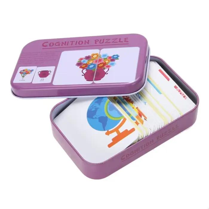Puzzle de Cognition pour bébé 3-6T, jouets pour enfants, boîte en fer, cartes de jeu assorties, carte cognitive, voiture, fruits, vie animale
