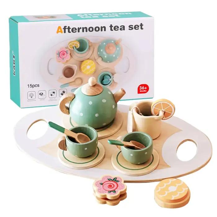 Service à thé en bois pour enfants, maison de jeu, faire semblant de thé, avec théière, tasse à thé, collation de l'après-midi, jouets de jeu de rôle, cadeau pour garçons et filles