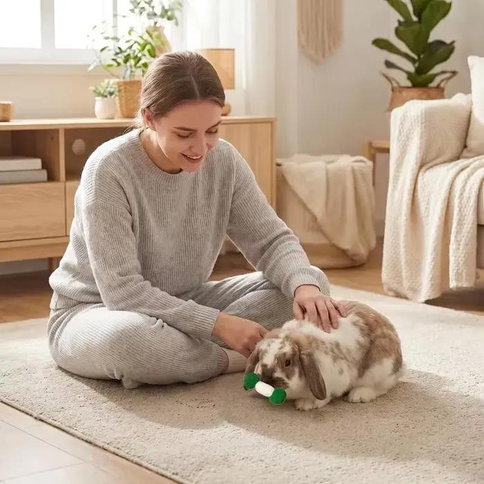 Deux lapins de compagnie libèrent leur joie grâce à des balles en feutre et des jouets en forme d'haltères avec clochettes intégrées - jouet de combat pour lapin à mordre -