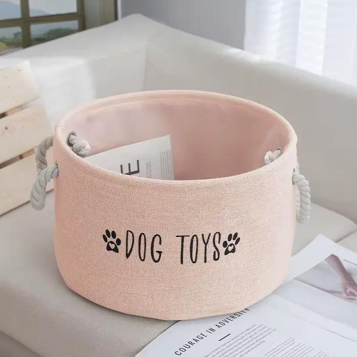 Grand panier de rangement pour jouets de chien en tissu simili lin - Organisateur rond spacieux pour jouets et accessoires pour animaux de compagnie avec poignées