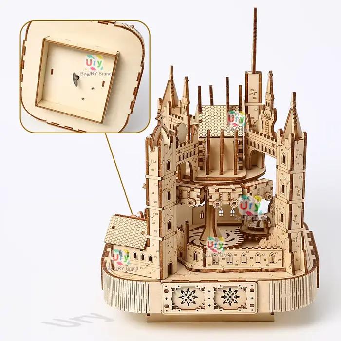 Ury Puzzle 3D en bois, boîte musicale octogonale, train rotatif, modèle de château, kit mécanique, décoration, jouet DIY, cadeau pour adulte