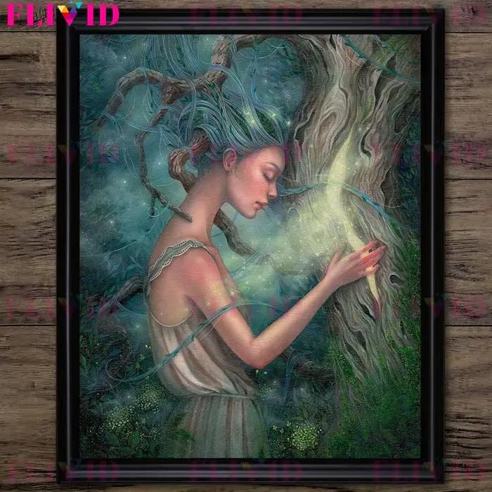 Toile d'art mural Vintage, fille elfe et animaux dans la forêt, associée un lapin mystérieux, un hibou, un ours, une affiche d'art et une décoration de maison imprimée