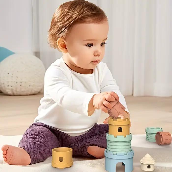 Gobelets empilables en Silicone pour bébé, jouets éducatifs amusants, jouet de dentition souple, château grenouille, blocs de tour d'apprentissage pour nourrissons et tout-petits