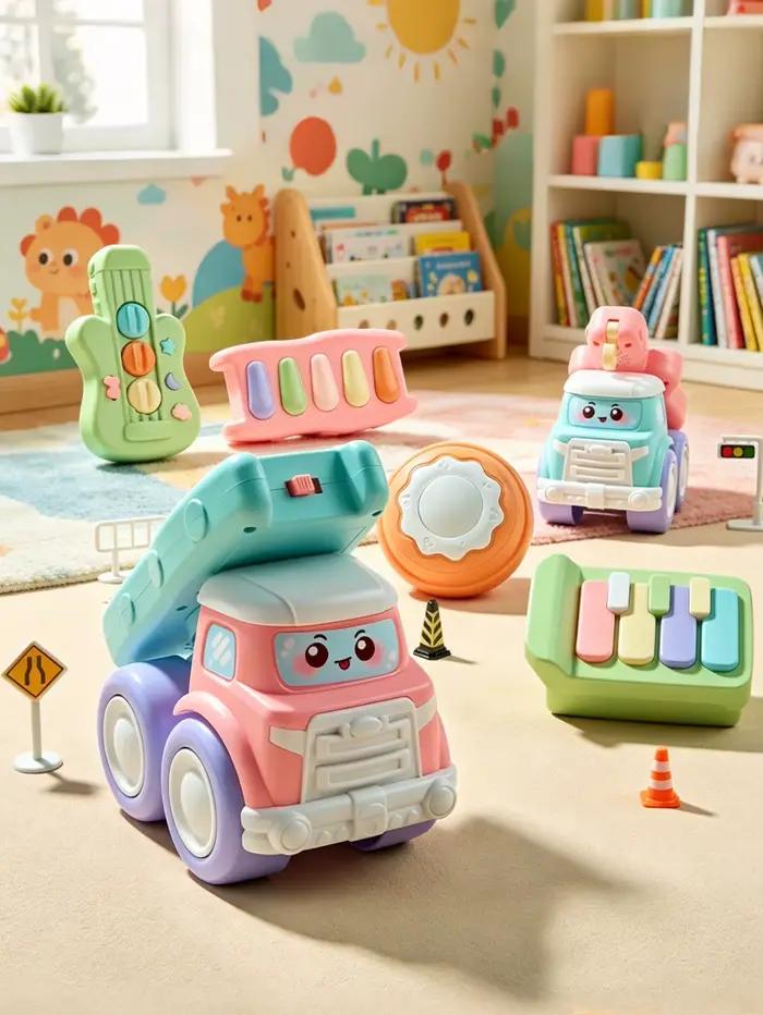 1 adorable camion musical pour bébés, avec piano, guitare et batterie ; excellent véhicule éducatif sensoriel à friction pour les jeunes enfants