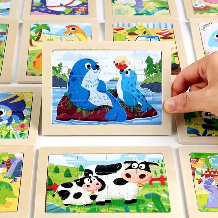 12 pièces bébé en bois 3D Puzzle dessin animé Animal dinosaure Intelligence Puzzle en bois jeu de Puzzle jouets éducatifs pour les enfants