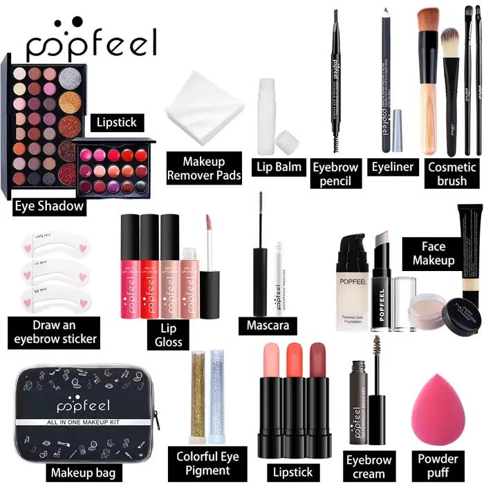 Kit de maquillage tout-en-un, Kit complet de maquillage, cadeau pour femmes et adolescentes, fard à paupières nu, fond de teint, brosse primaire, brillant à lèvres nu