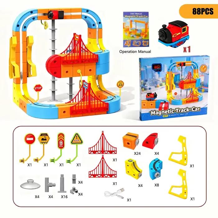Ensemble de train électrique magnétique, voie magique, voiture, jouet cube DIY, modèle créatif éducatif, voitures de train, cadeaux pour enfants garçons de 3 ans