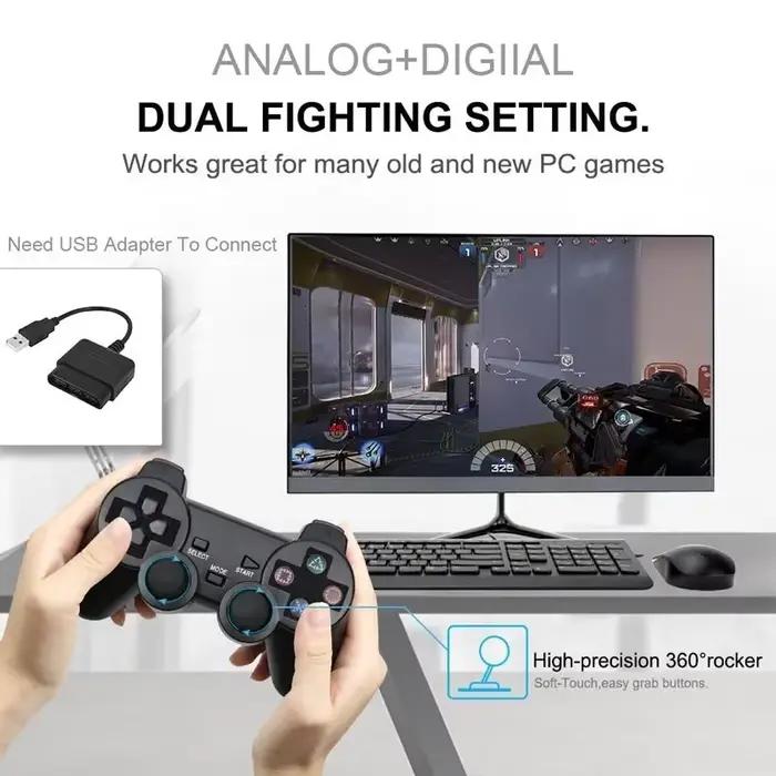 Manette de jeu sans fil pour PS2/PS1, contrôleur pour console Playstation 2 2.4G avec vibration, joystick double choc, contrôleur de jeu USB pour PC