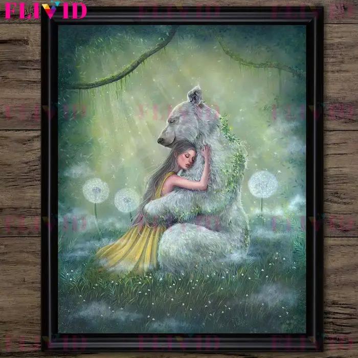 Toile d'art mural Vintage, fille elfe et animaux dans la forêt, associée un lapin mystérieux, un hibou, un ours, une affiche d'art et une décoration de maison imprimée
