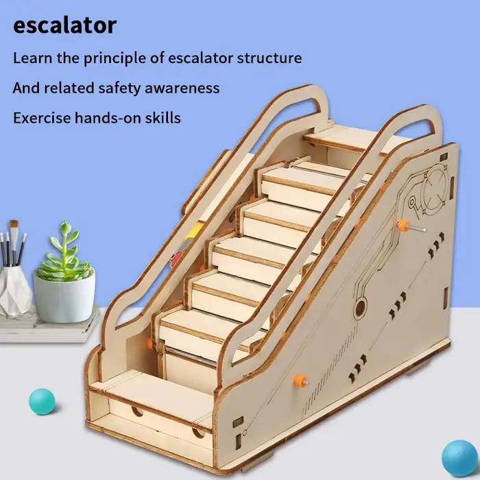 Kit de bricolage d'équipement de physique scolaire ; Expérience scientifique d'escalator en bois 3D pour l'apprentissage pratique