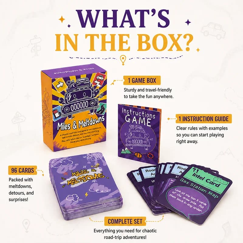 Jeu de cartes Miles & Meltdowns Road Trip pour 2 à 6 joueurs, jeu de société Take-That avec cartes M