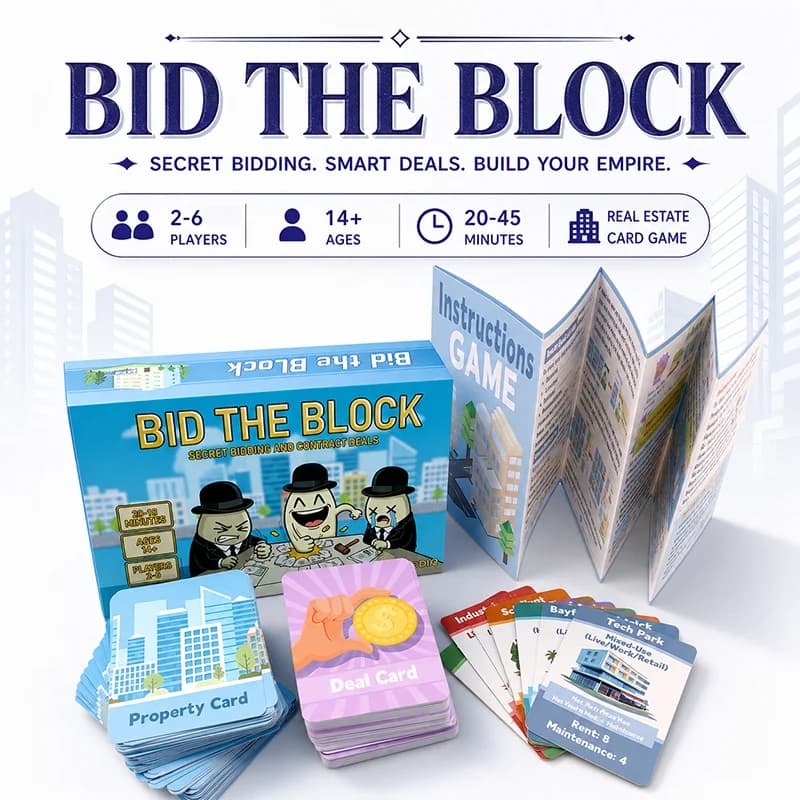 Jeu de cartes Bid the Block Real Estate pour 2 à 6 joueurs, enchères secrètes, cartes immobilières, 