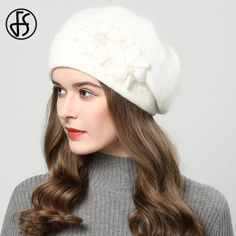 FS – chapeaux d'hiver pour femmes, bonnet en fourrure de lapin, tricoté chaud, fleur, Double couche,