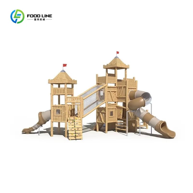 Équipement de terrain de jeu extérieur en bois avec tunnel, toboggan et structure d'escalade pour le
