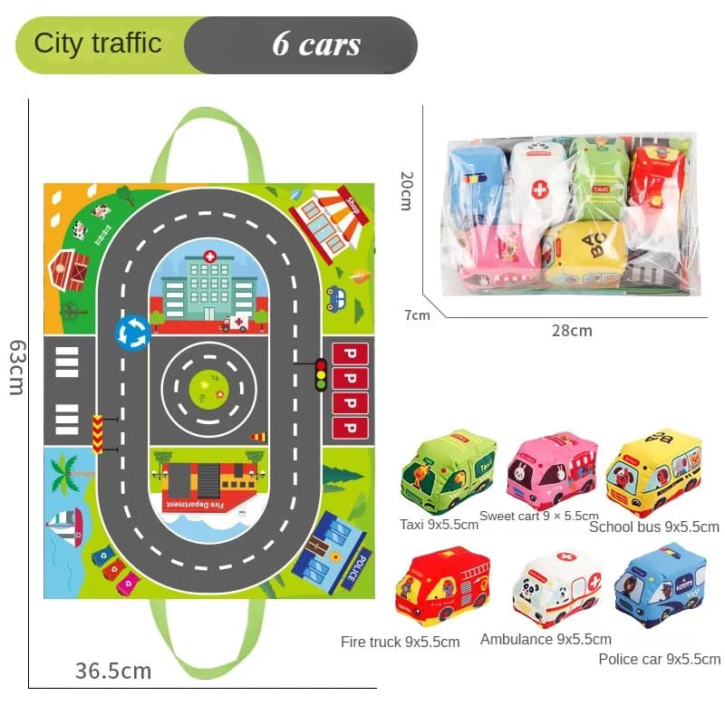 Jouet de voiture douce Montessori pour bébé, avec tapis de jeu de cartes, sac de rangement, livre en