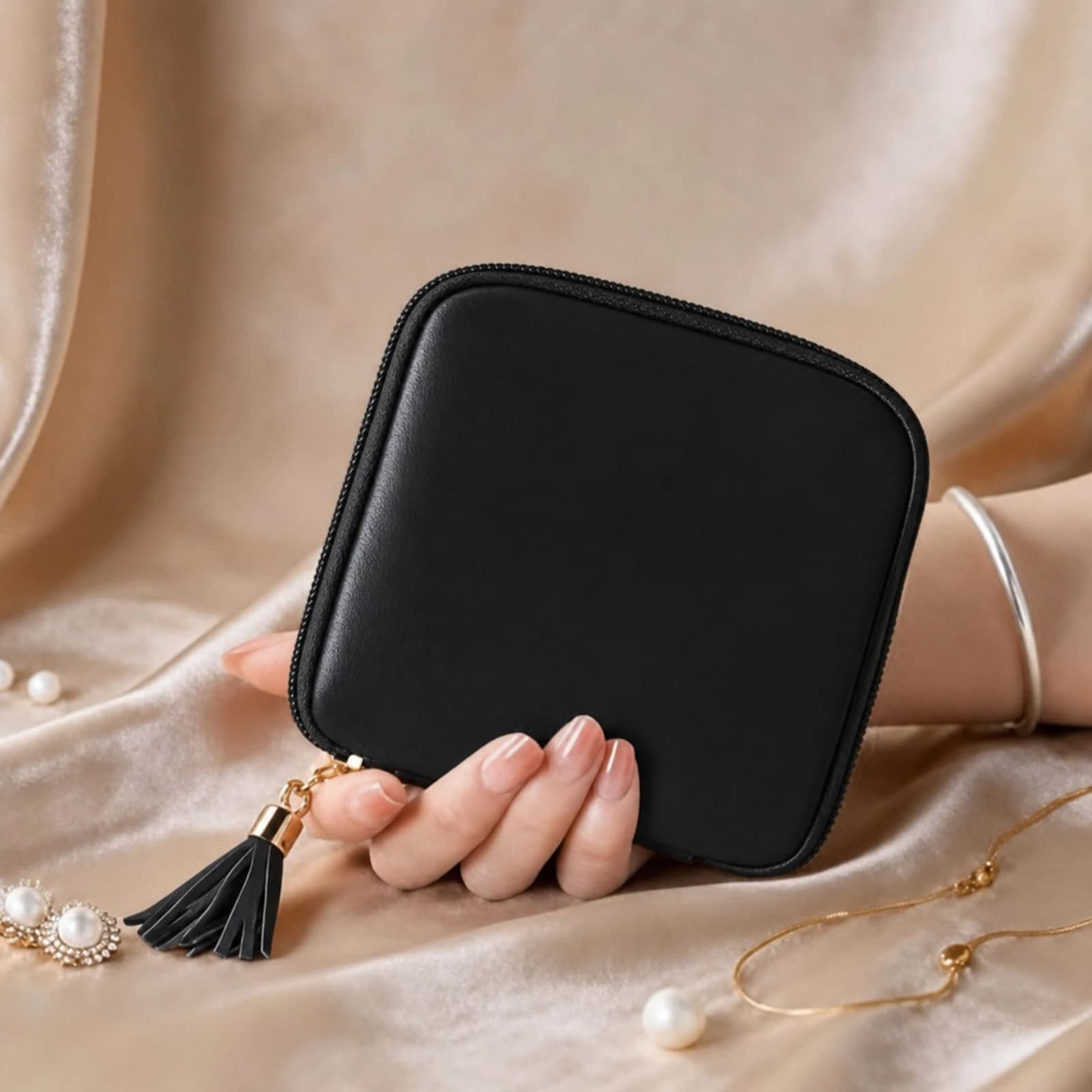 Pochette à bijoux en cuir PU pour femmes et filles, pochette à bijoux souple avec fermeture éclair e
