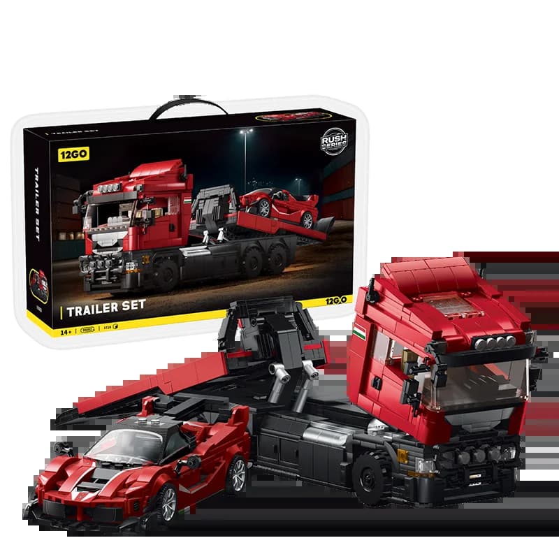 Camion tracteur rouge et voiture de sport super-luxe rouge, ensemble de construction de véhicule de 