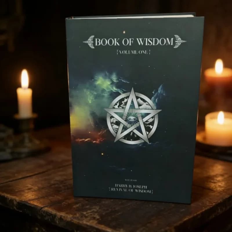 Le Livre de la Sagesse : Un livre avec le symbole du pentagramme comme cœur visuel, axé sur l'éveil 
