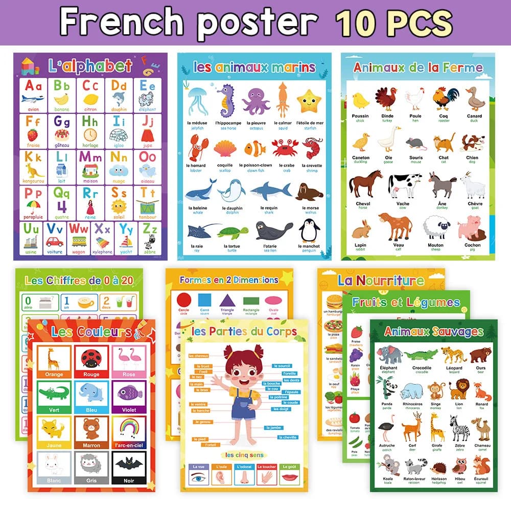 10 ensembles de lettres d'animaux d'affiches françaises, aides à l'apprentissage des mots de fruits,