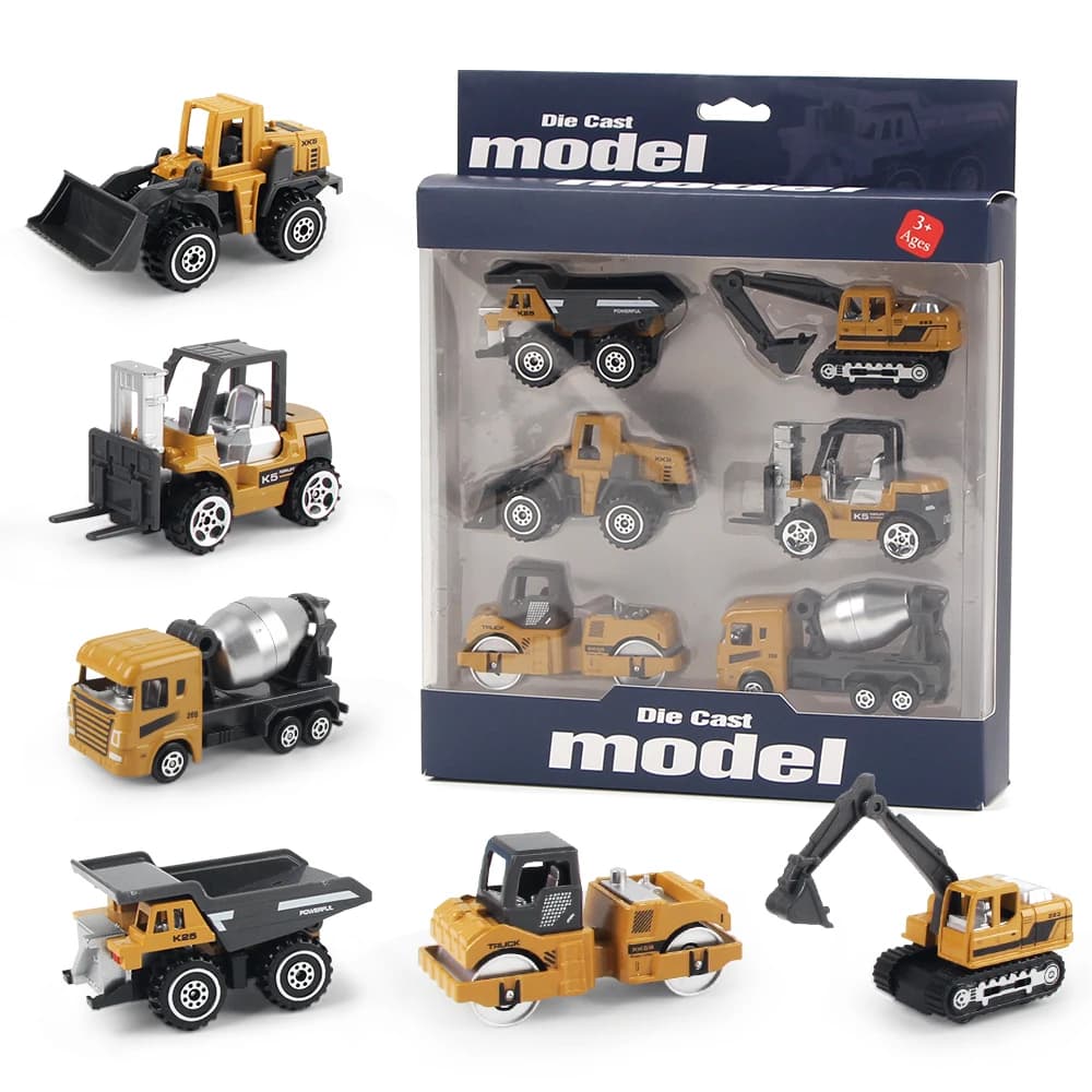 Lot de 6 véhicules de chantier en alliage, modèles classiques de construction : chargeuse, tracteur,