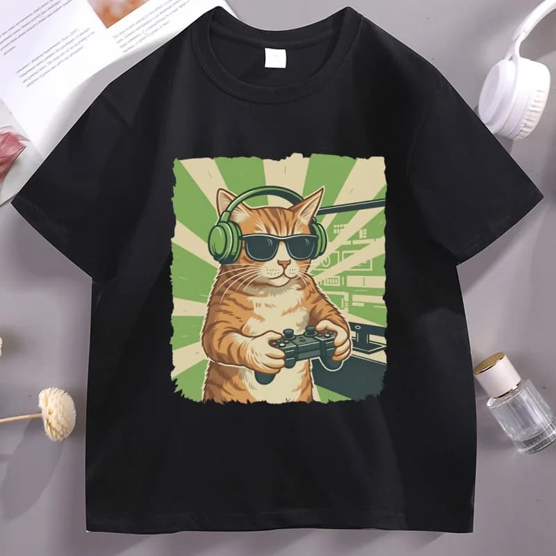 Gamer chat T-Shirt jeu vidéo chat T-Shirt drôle graphique T-Shirt chat papa à manches courtes T-Shir