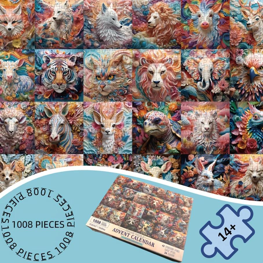 Calendrier de l'Avent de Noël - Puzzle de 1008 pièces - Compte à rebours de 24 jours - Thème animali