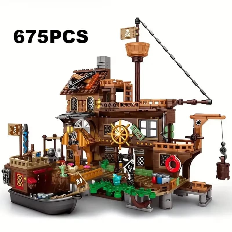 Blocs de construction créatifs de forteresse insulaire médiévale, pirate, château, bateau d'aventure