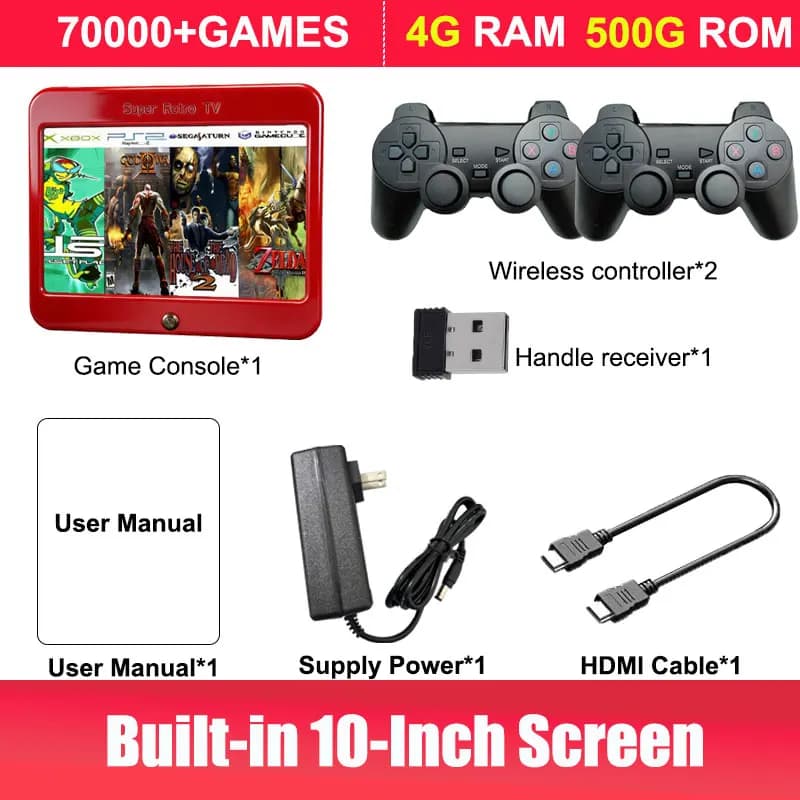 Console de jeu vidéo T1 avec plus de 70000 jeux intégrés, écran HD de 10 pouces, Plug&Play, plus de 