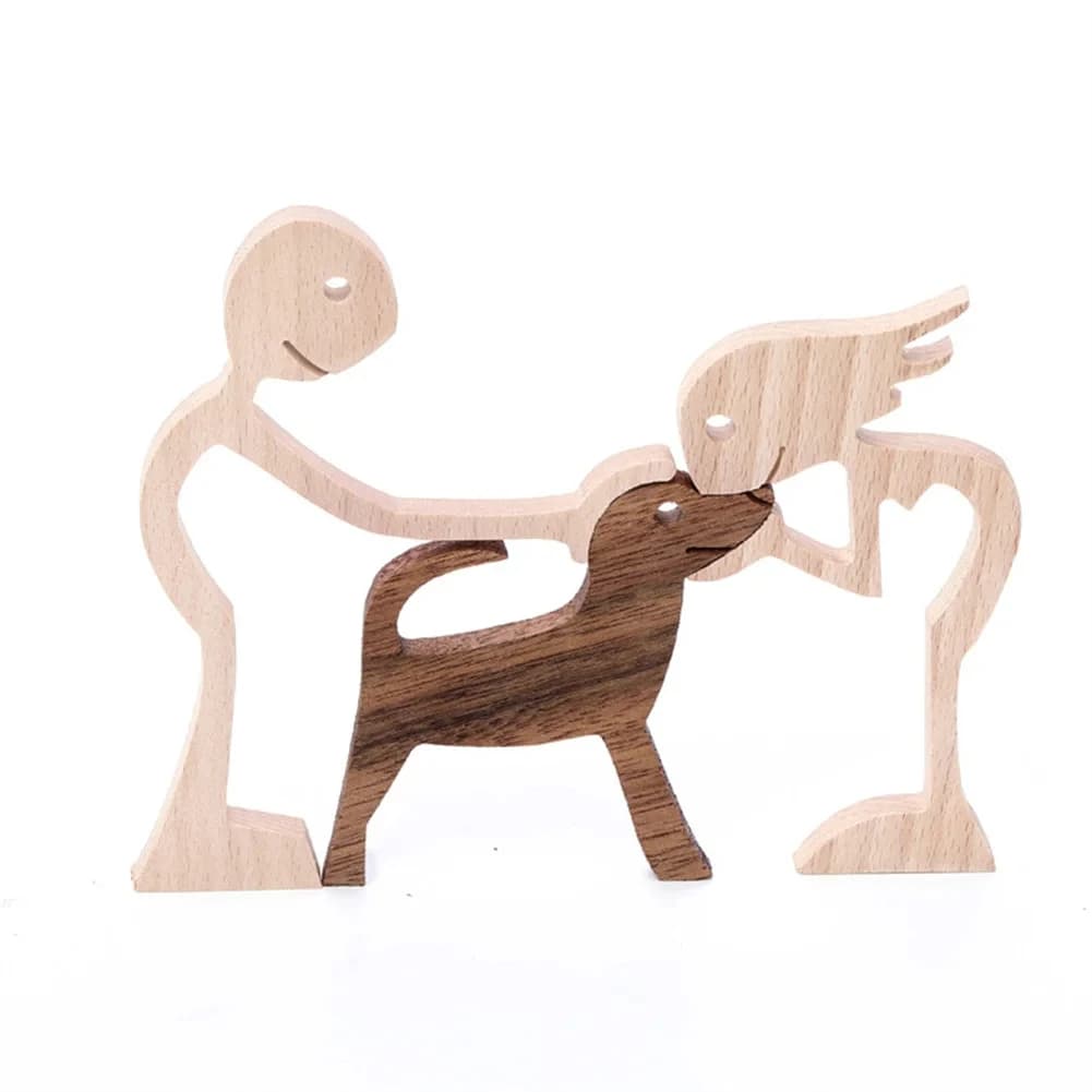 Figurine artisanale en bois de chien et d'humain, décoration de bureau créative en 3D, statue d'homm