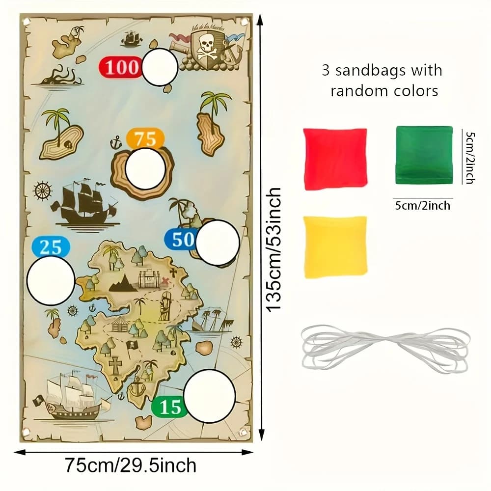 Bannière de jeu de lancer de sacs de coton avec carte au trésor de pirate, toile de fond pour fête d