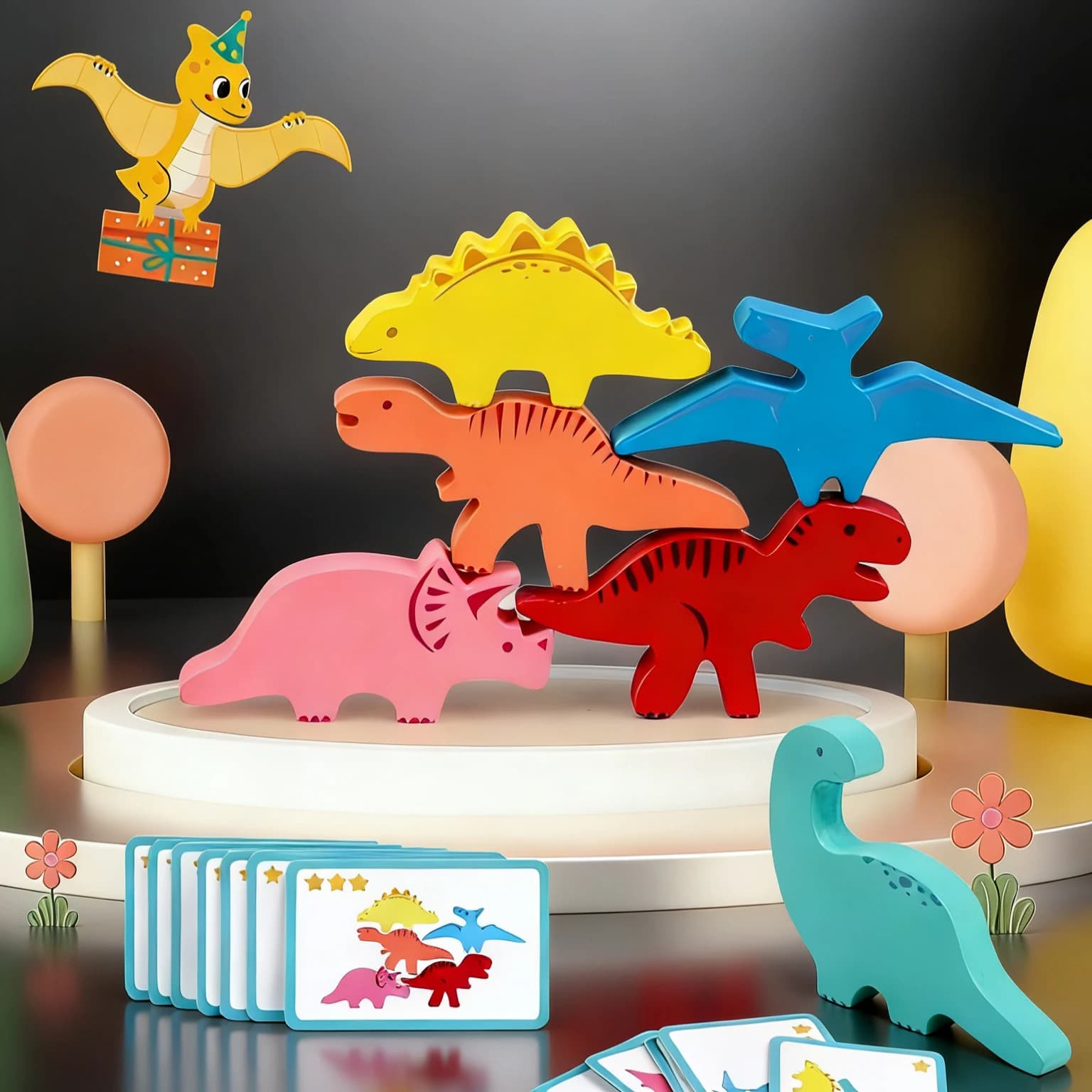 Jeu d'empilage de dinosaures en bois - Un défi amusant et éducatif pour stimuler l'équilibre, la coo