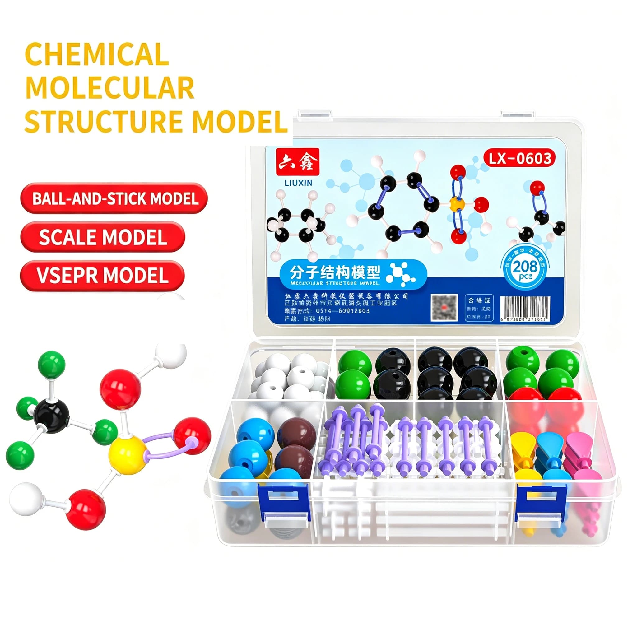 Ensemble de modèles moléculaires de chimie, atomes colorés, modèle à billes et bâtons / remplissage 
