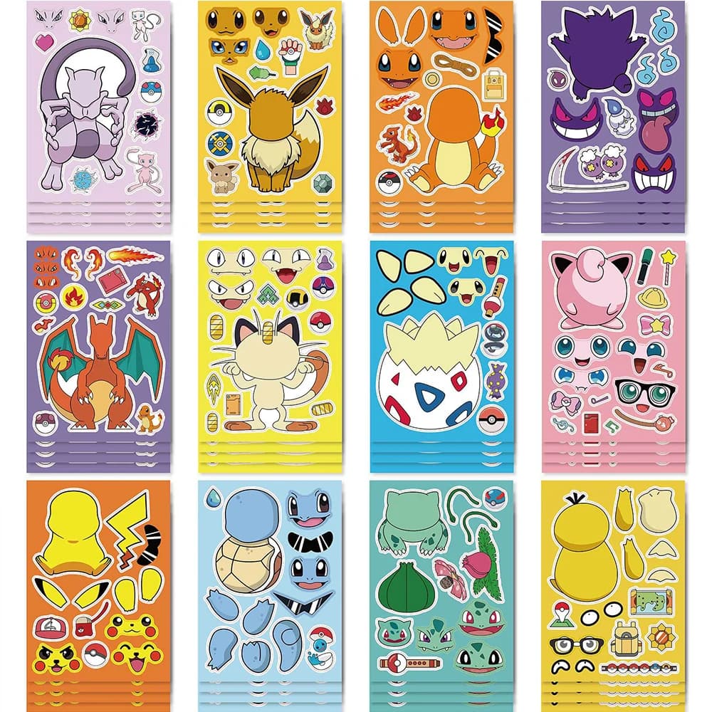 6/8/12/16 feuilles Pokemon Puzzle autocollants enfants faire un visage Pikachu Gengar Anime assemble
