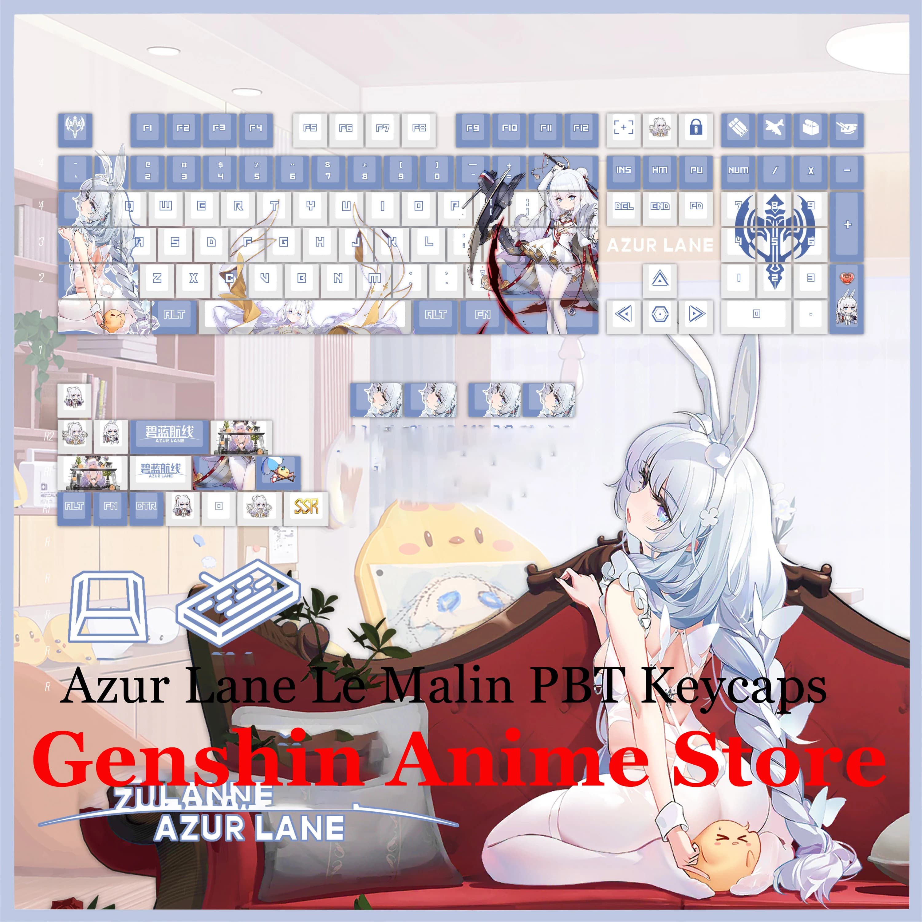 Capuchons de touches de jeu Azur Lane Le Malin PBT, accessoires de Cosplay, axe latéral gravé, capuc