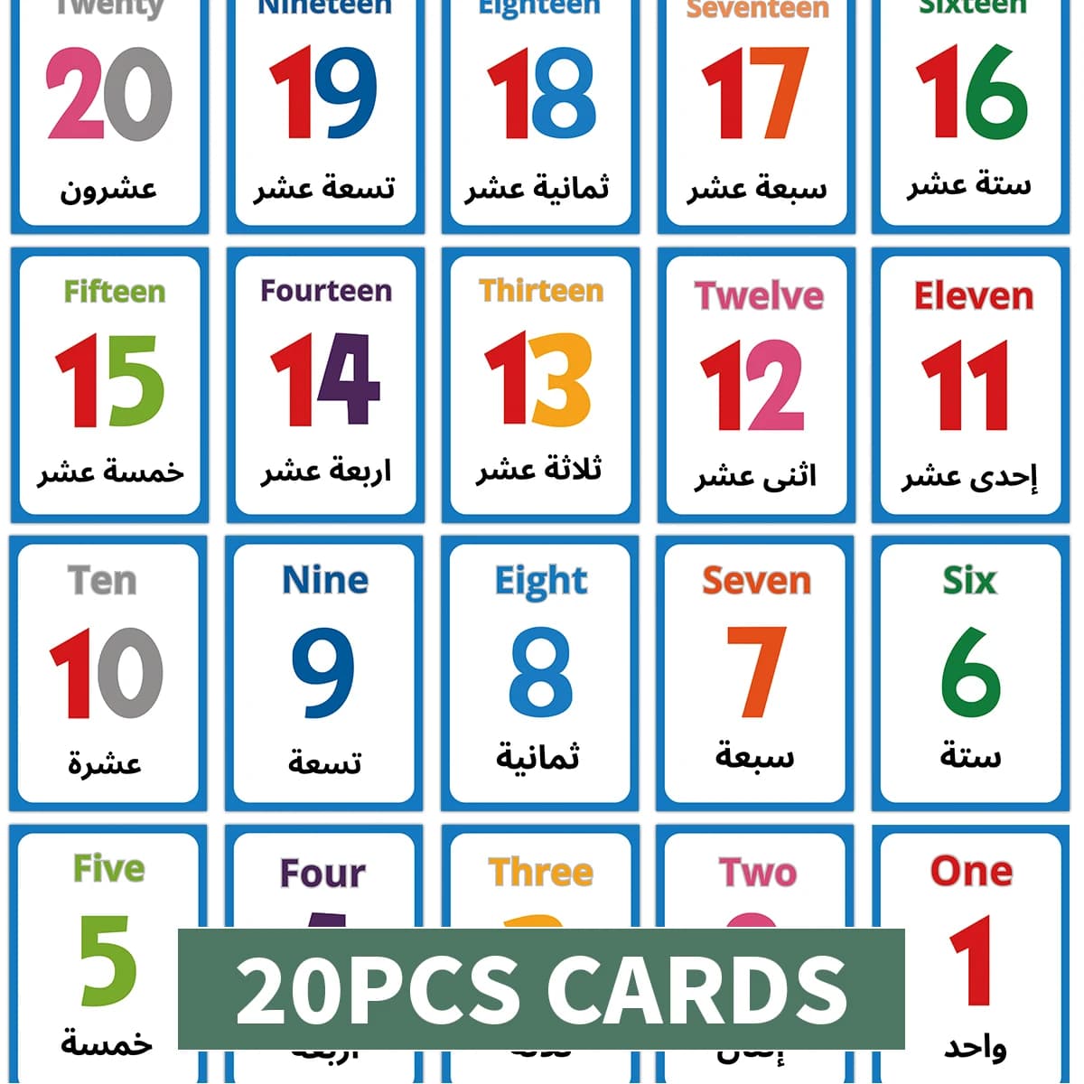 20 pièces cartes flash à chiffres arabes-anglais, carte de reconnaissance des nombres précoces pour 