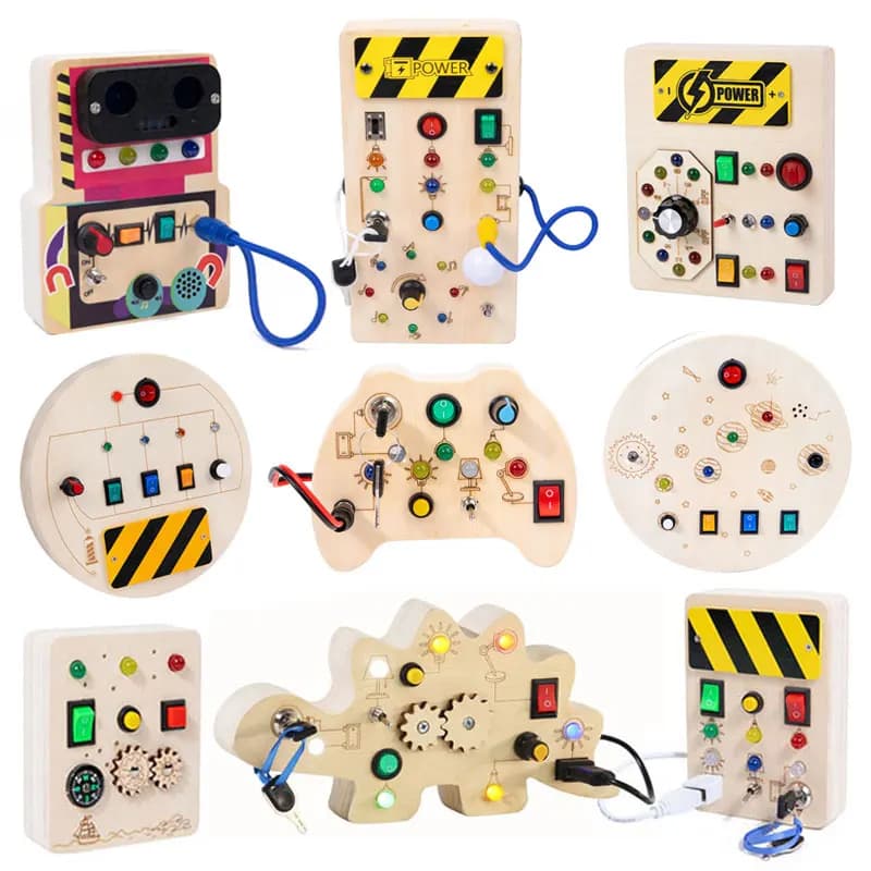 Montessori Busy Board Jouets mentaires oriels en bois avec interrupteur à lumière LED, Tableau de co
