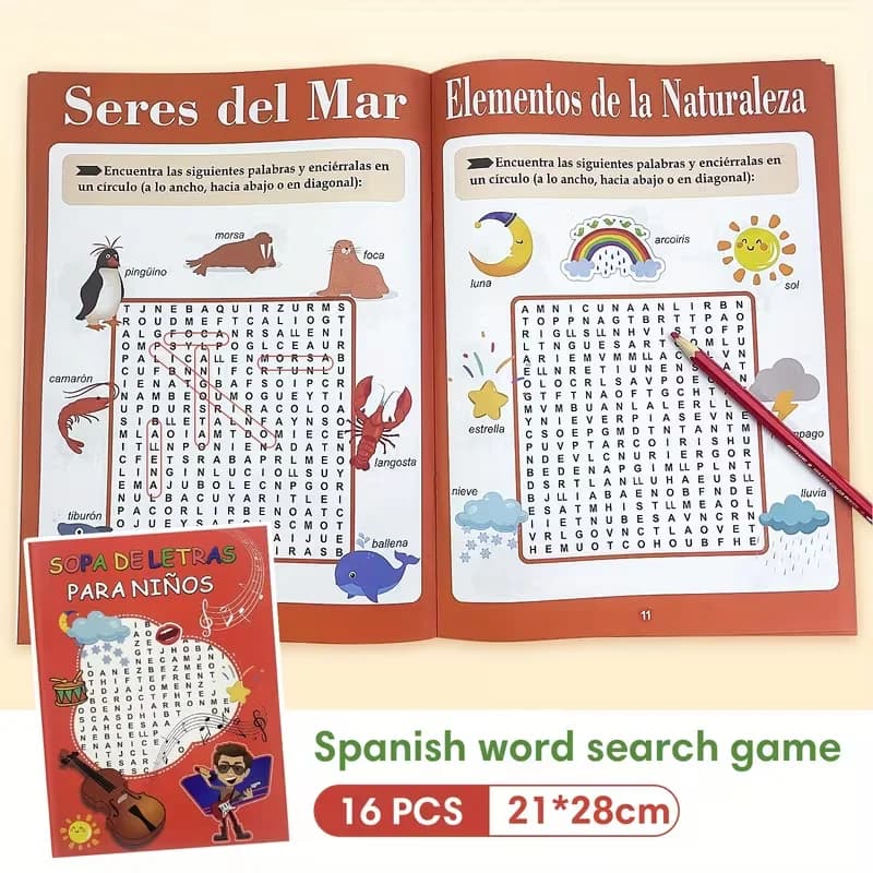 Livre d'activités de recherche de mots espagnol pour enfants, jeu de puzzle d'apprentissage bilingue