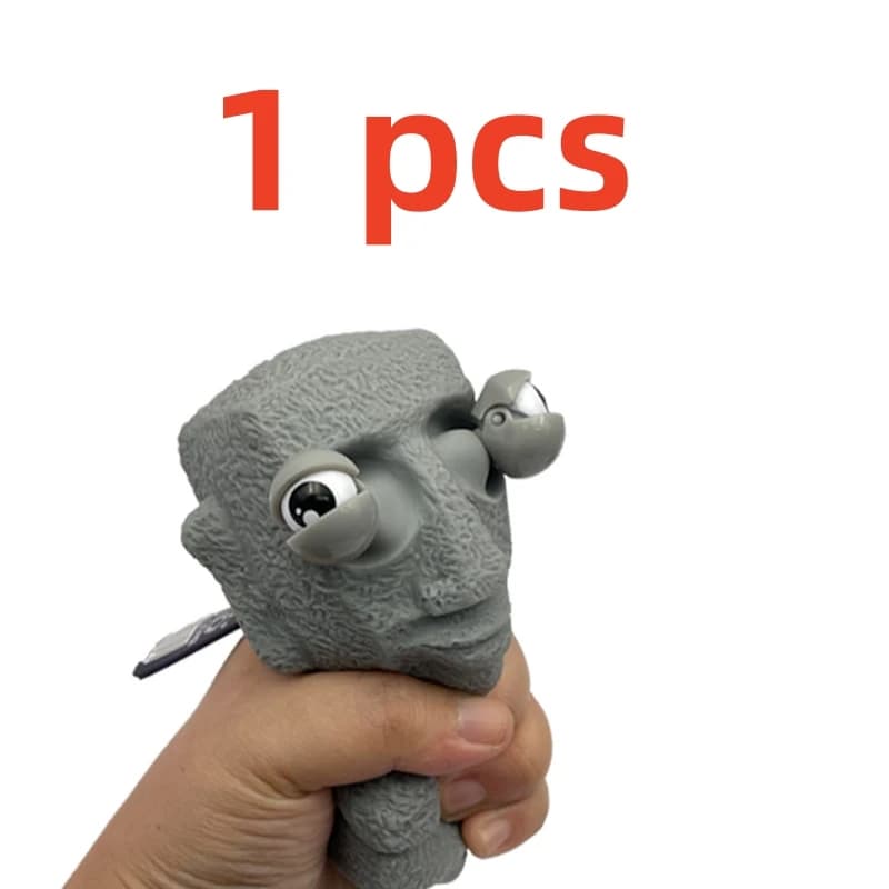 Stone Man Jouet anti-stress à rebond lent, statue Moai souple à presser, yeux avec expression intére