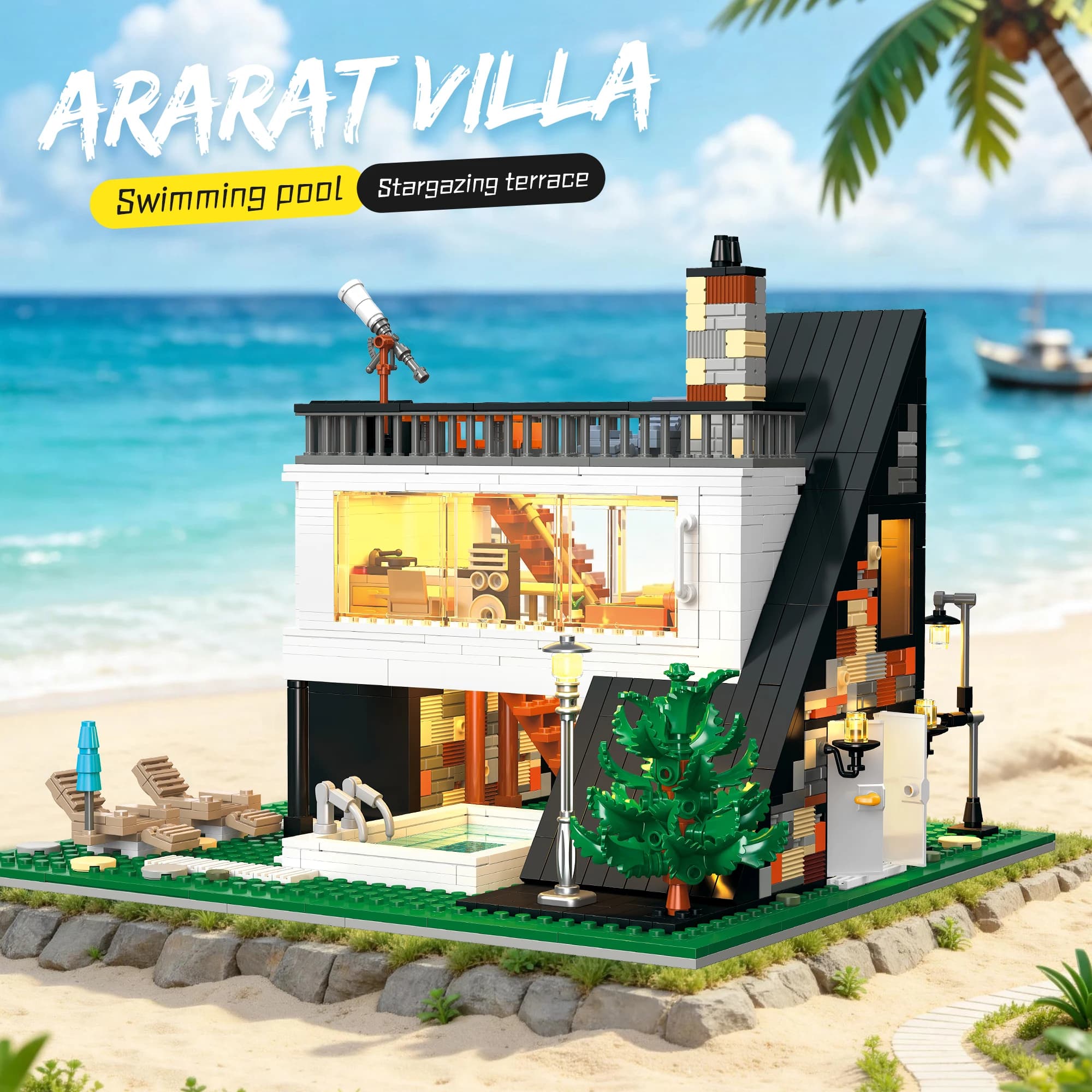 ARARAT VILLA Piscine Terrasse pour observer les étoiles Modèle de rue MOC Puzzles Architecture Assem