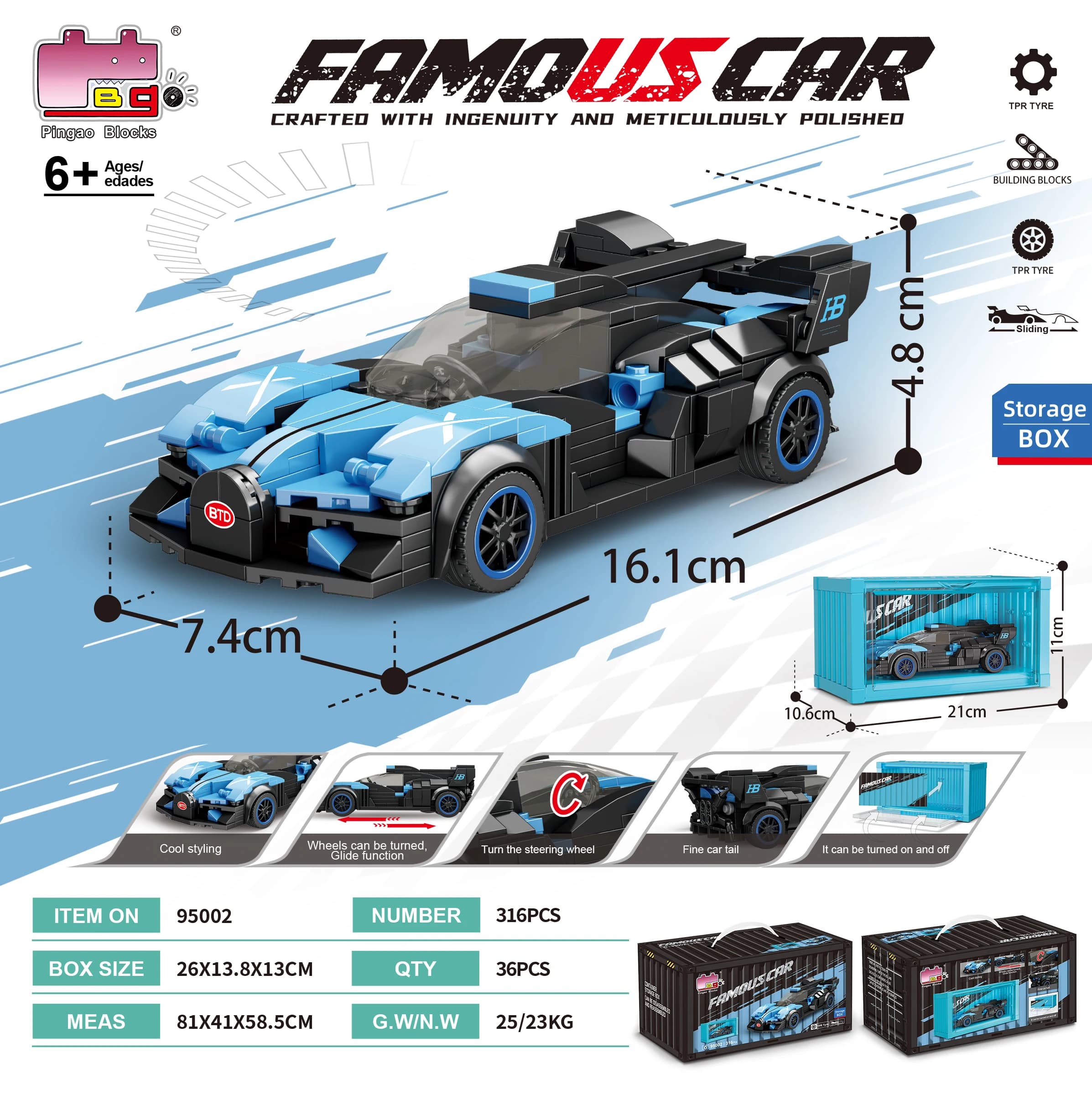 Voiture de sport technique célèbre de la ville avec boîte de rangement, modèle de supercar, blocs de