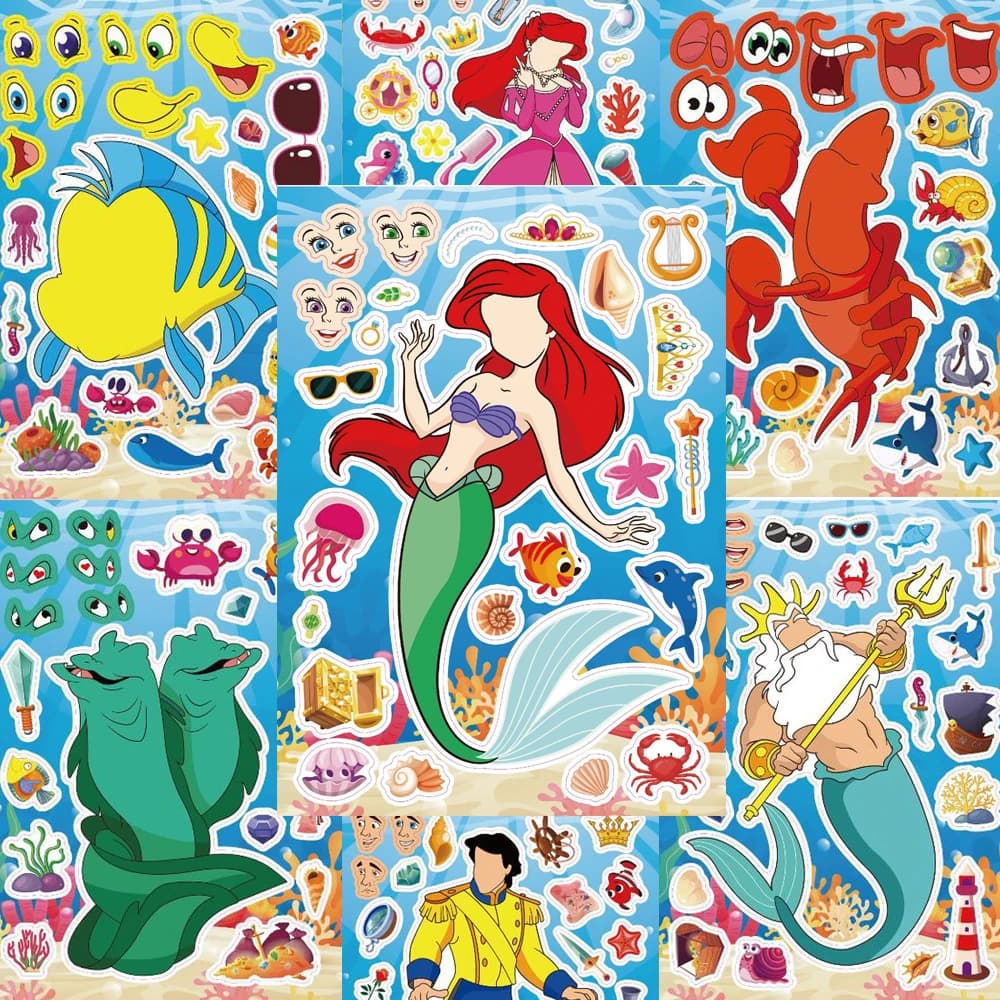 Autocollants puzzle Disney La Petite Sirène, 8/16 feuilles, jeu de création de visages, à assembler 