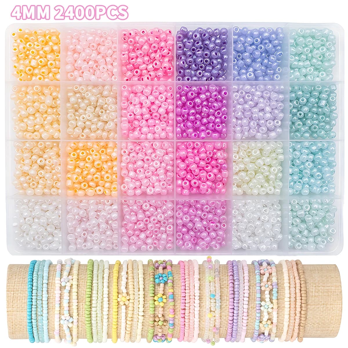 Kit d'assortiment de perles de rocaille en verre 24 couleurs, 2/3/4mm 12000/5760/2400 pièces de perl