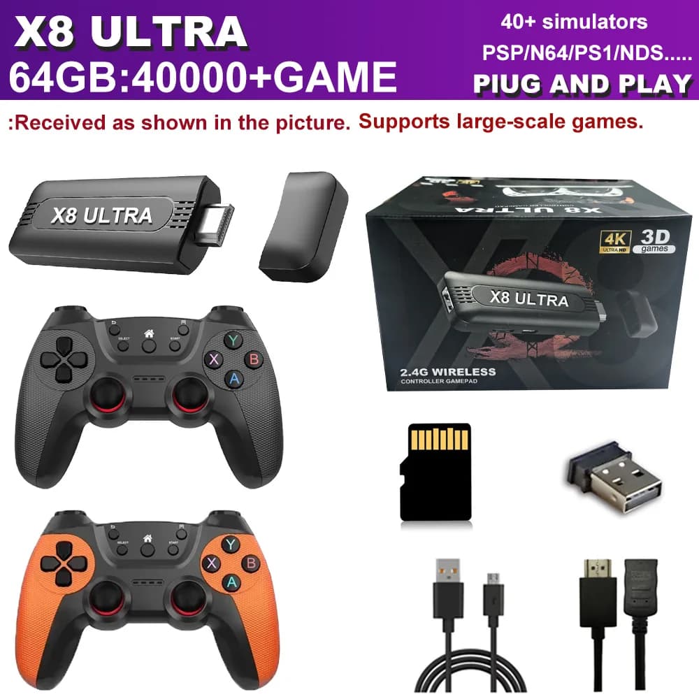 Console de jeu rétro X8 Ultra 4K, plus de 50 000 jeux, manette sans fil, Plug & Play, 45 émulateurs 