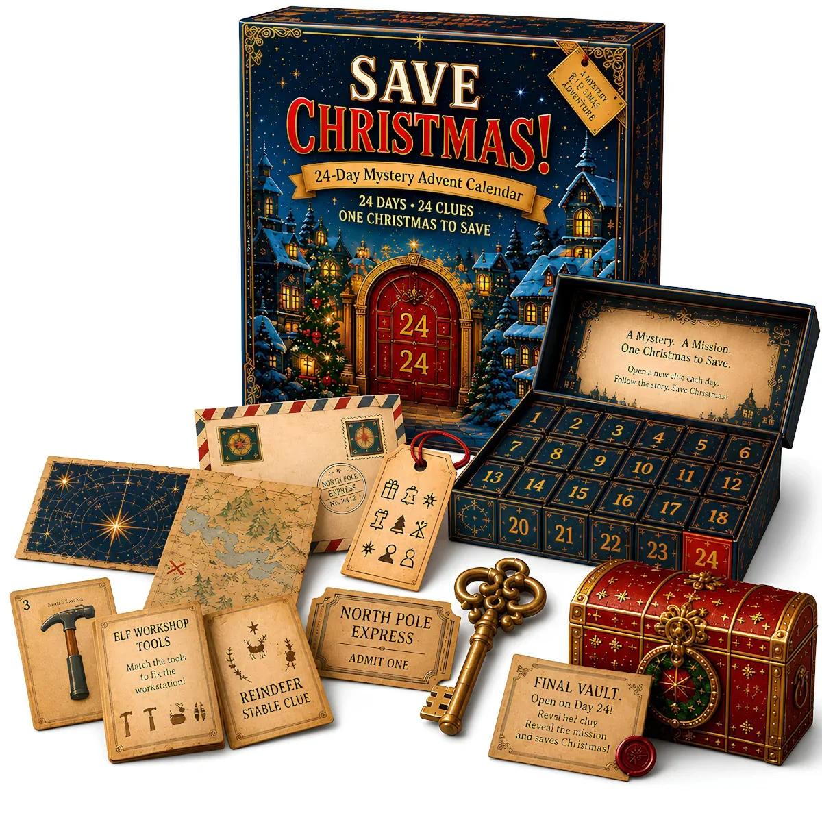 Calendrier de l'avent de Noël, jeu de puzzle mystère d'aventure de 24 jours avec 6 thèmes, ouvrez un