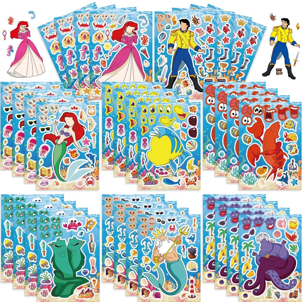 Autocollants de puzzle de dessin animé Disney La Petite Sirène, 8/16 feuilles, pour créer un visage,